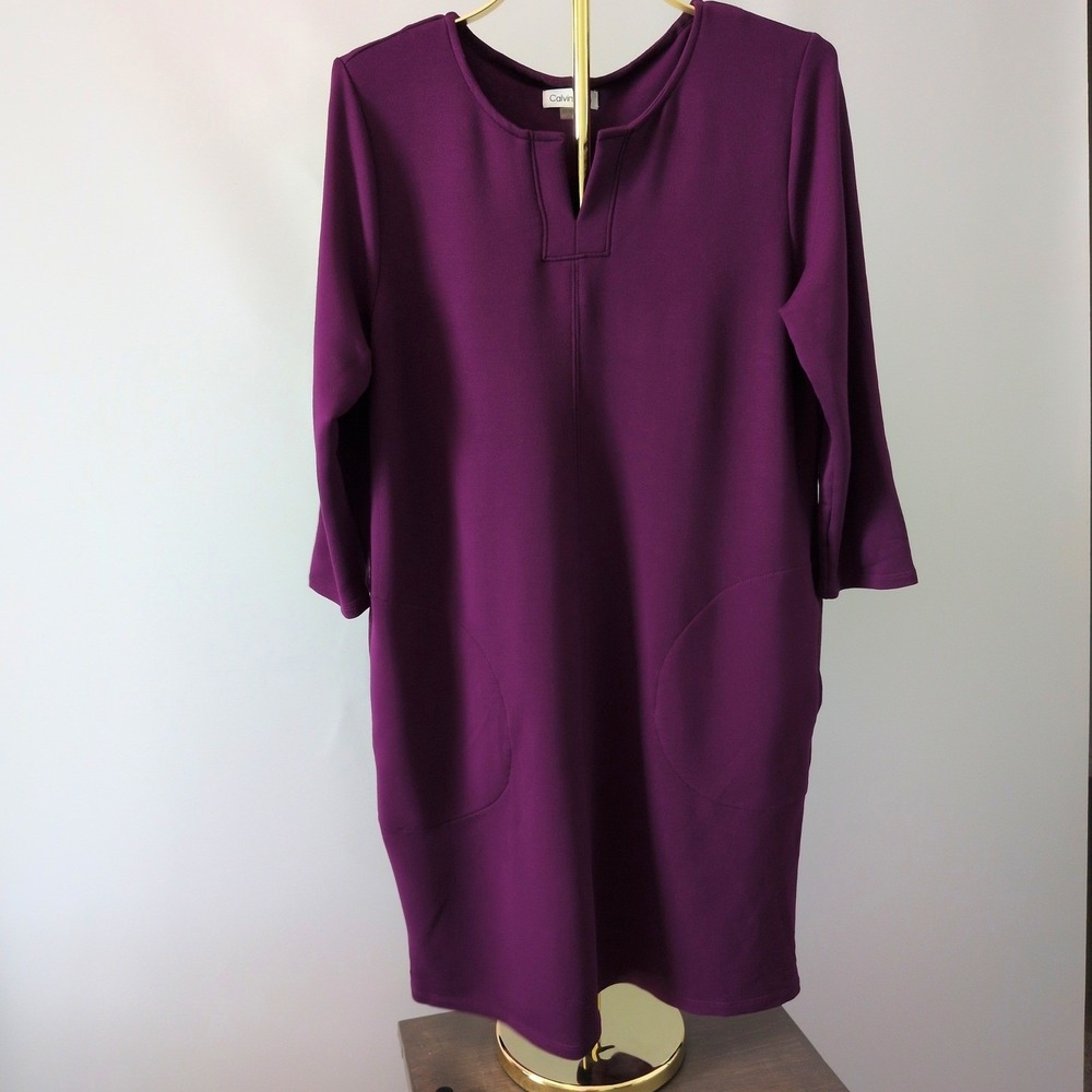 Calvin Klein Shift Dress Women Large Purple Notched Neck Pockets CD1Y1K3V Work